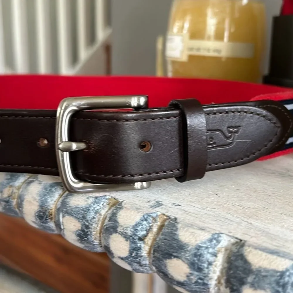 Vineyard Vines leather webbing and fabric belt 30 nautical red white blue